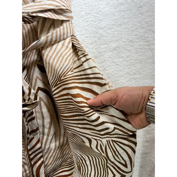Reiss Brown Tan Animal Print Linen Blend Faux Wrap Belted Rosie Midi Dress Sz 14 - Picture 7 of 14